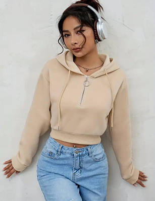 Жіночий вкорочений худі на блискавці з капюшоном з двунитки