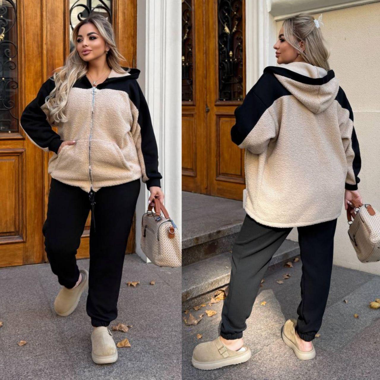 Теплий жіночий спортивний костюм батал великого розміру зимовий з кофтою на блискавці та капюшоном, фото 1