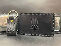 Обкладинка на ID Паспорт або Автодокументи з Гербом Горизонтальна Набір + Брелок Чорний Колір Обкладинка на Права