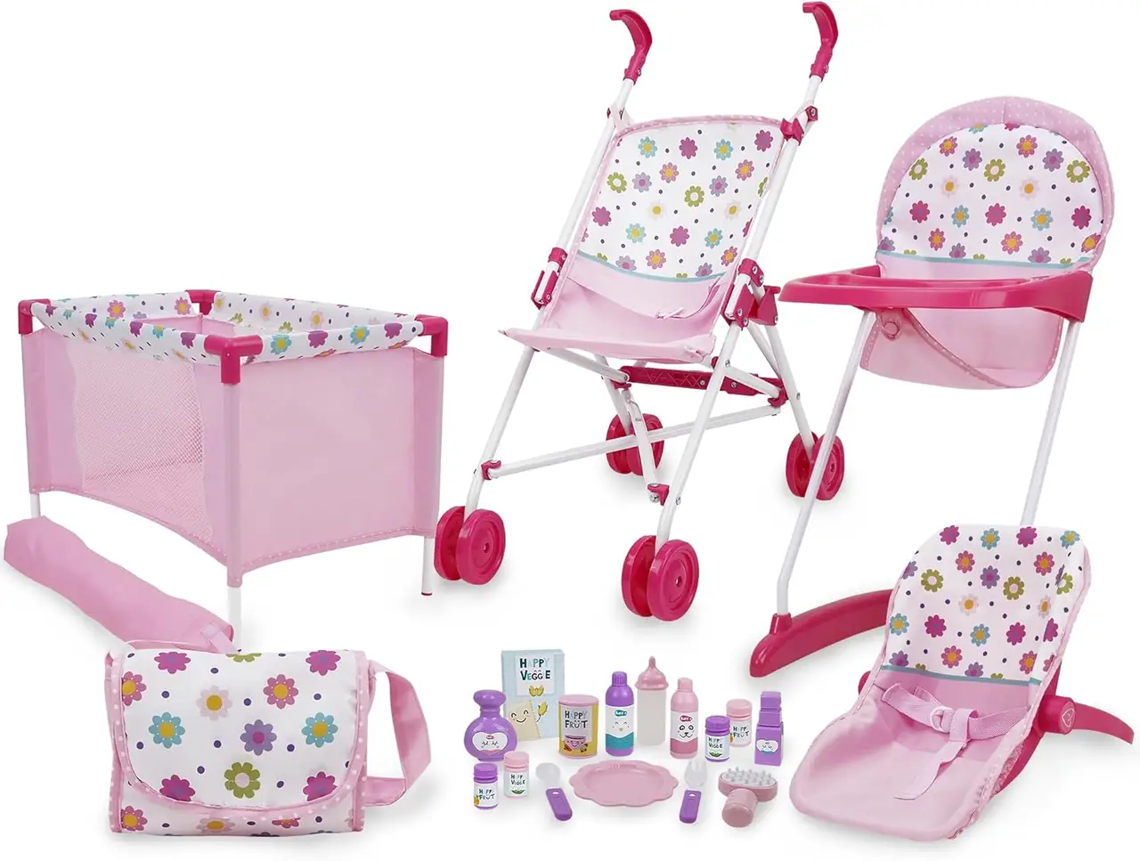 Ігровий набір коляска для ляльки, манеж, стільчик для годування, люлька-перенесення, аксесуари FiVEoNiNE T818034, фото 1
