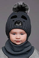 Теплий дитячий набір для хлопчика від 1 міс - 2 3 роки: зимова шапка малюка + шарф-снуд хомут, т.сірий графіт