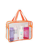 Прозрачная сумка косметичка для путешествий водонепроницаемая ПВХ/Ткань 9,5х17х24 см Оранжевая