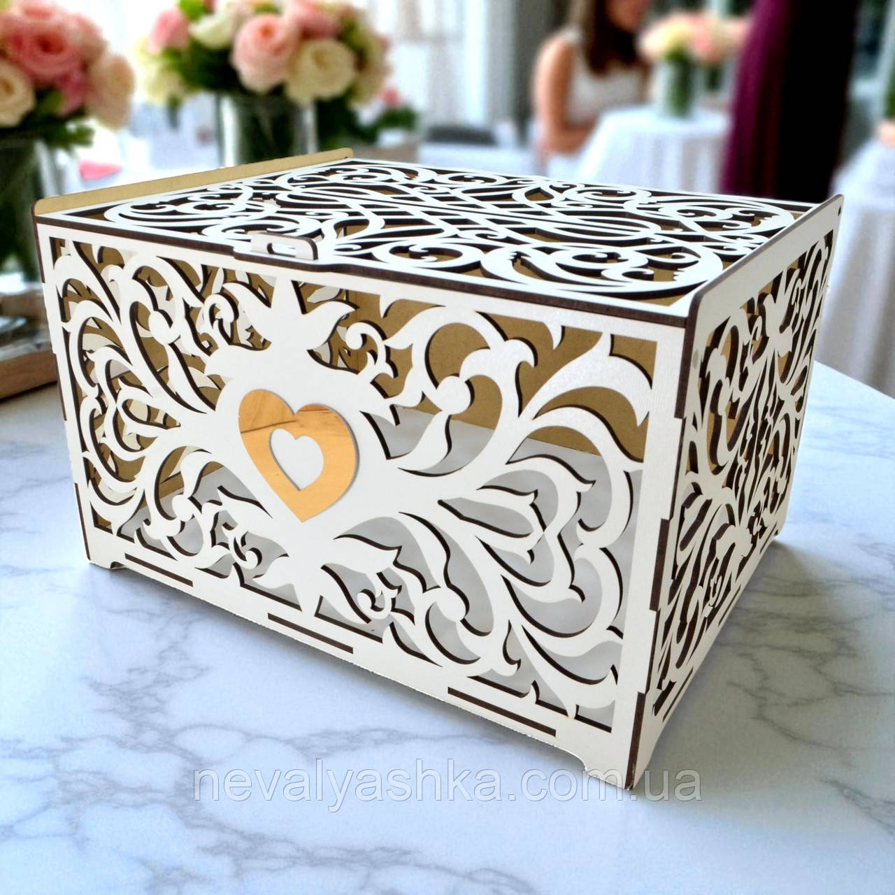 Дерев'яна Коробка на Весілля 30х23х18 см Весільна Скарбниця Коробочка для Грошей Скриня Скарбничка Біла Ажурна для Конвертів