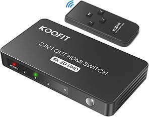 KOOFIT QHQ-001 - HDMI-разветвитель, 3 входа и 1 выход с пультом дистанционного управления, коммутатор