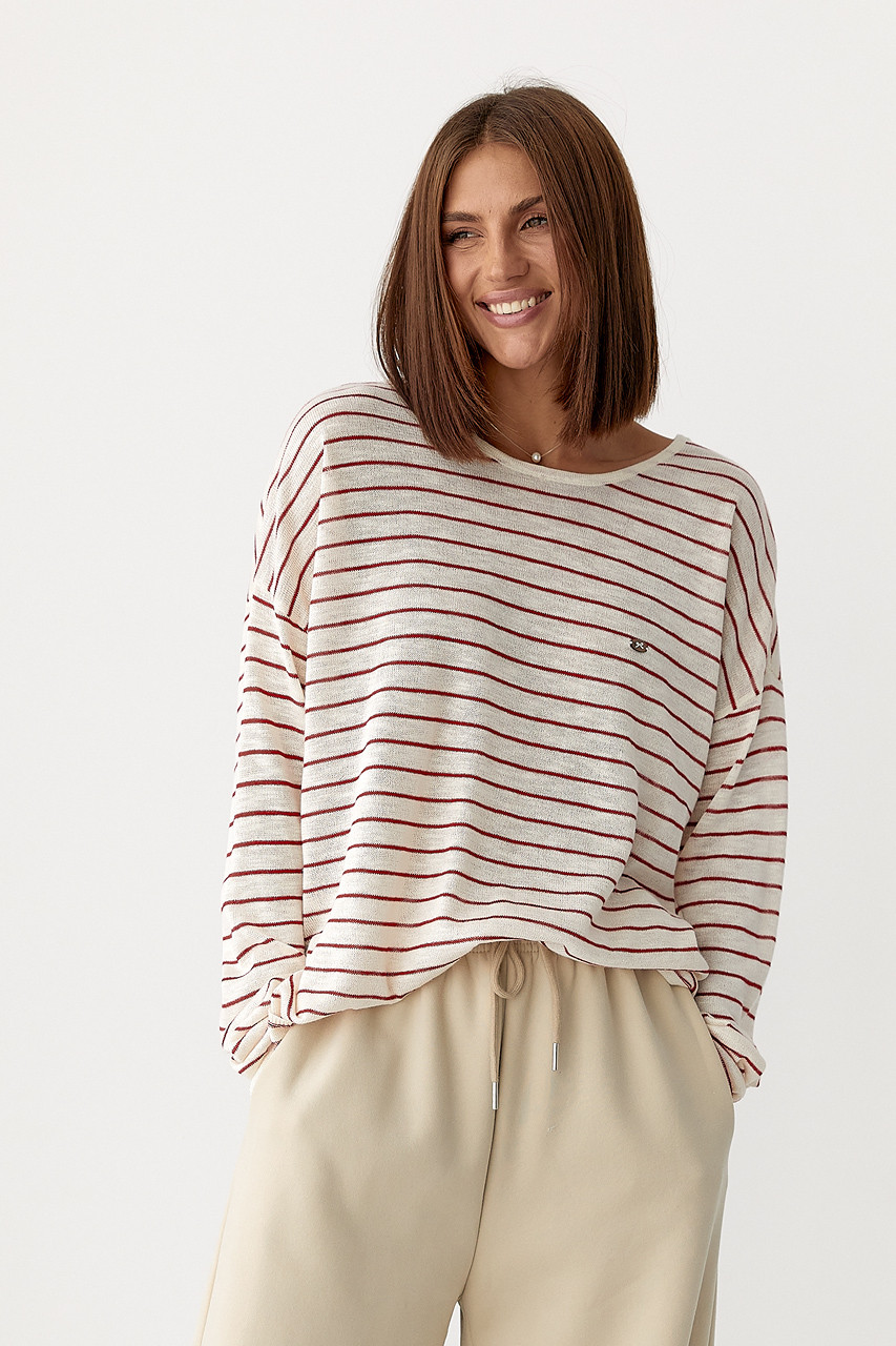 Легкий в'язаний джемпер у смужку — червоний колір, ONE SIZE (є розміри), фото 1