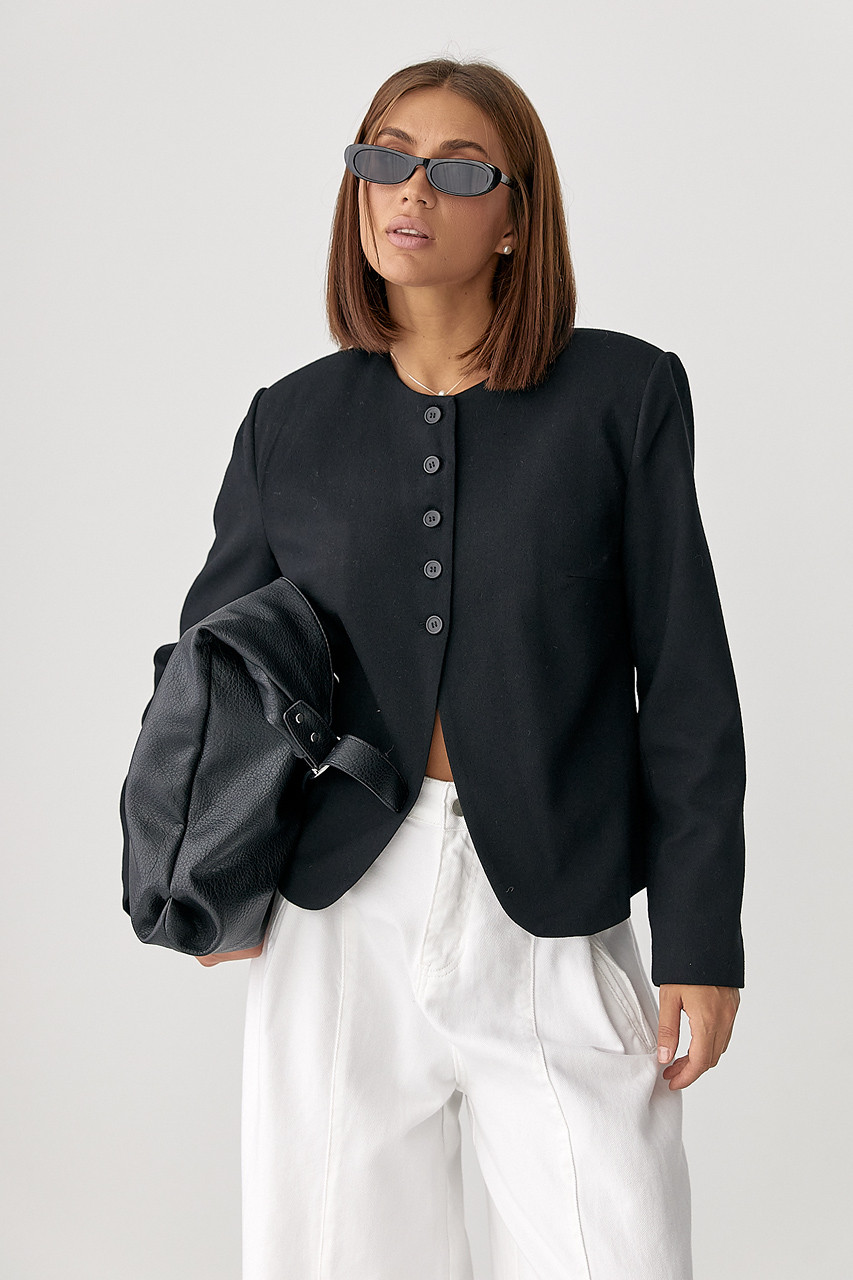 Укорочений жіночий жакет без коміра — чорний колір, L (є розміри), фото 1