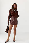 Спідниця-шорти з екошкіри — коричневий колір, S (є розміри), фото 3