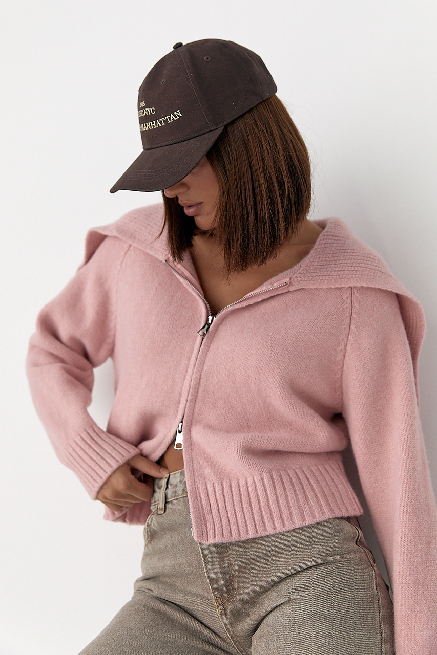 В'язаний укорочений жіночий кардиган на блискавці — пудра колір, ONE SIZE (є розміри), фото 1