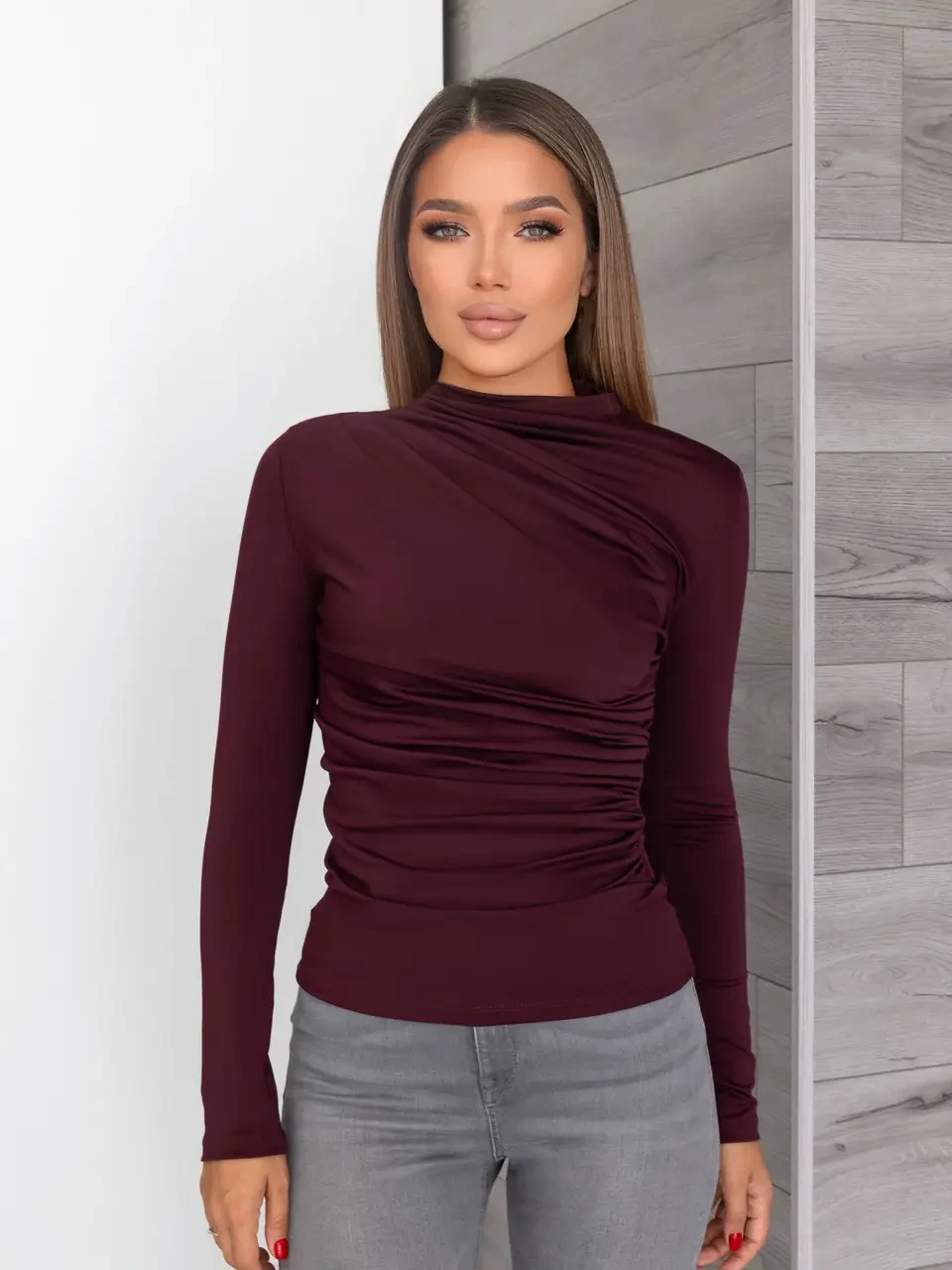 Демісезонна жіноча тонка кофта бордового кольору з довгими рукавами добре тягнеться, фото 1