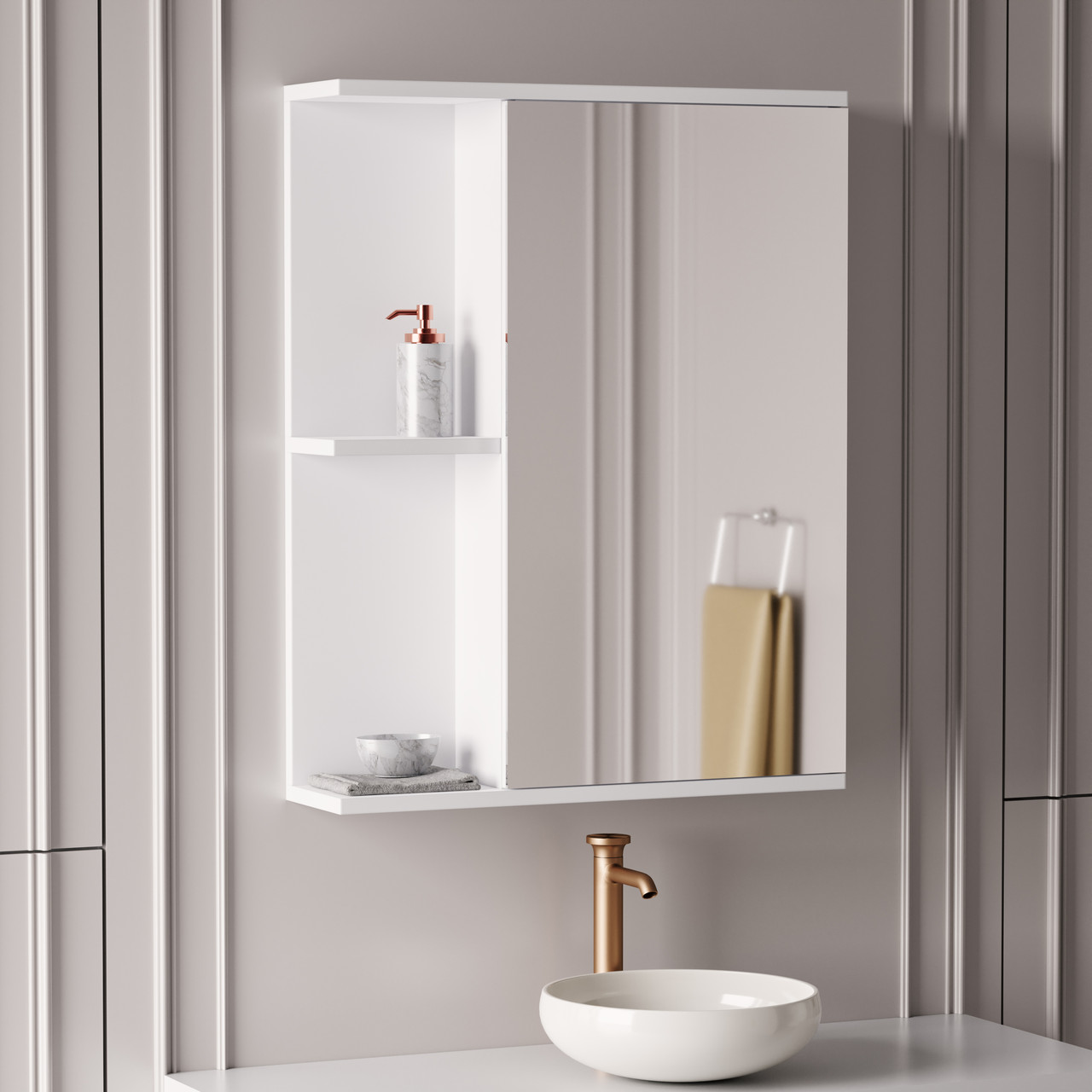 Підвісна шафка з дзеркалом у ванну 580х740х150 Білий ДСП, фото 1