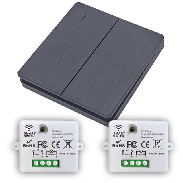 2-х канальний настінний дистанційний вимикач чорого кольору RF 433Мгц в комплекті з радіо реле 2 канали, фото 1