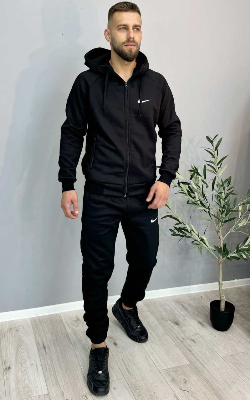 Чоловічий зимовий теплий спортивний костюм із капюшоном трикотаж на флісі чорний