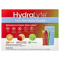 Hydralyte, шипучий електролітний порошок, асорті смаків, апельсин, полуничний лимонад і лаймад, 30 окремих