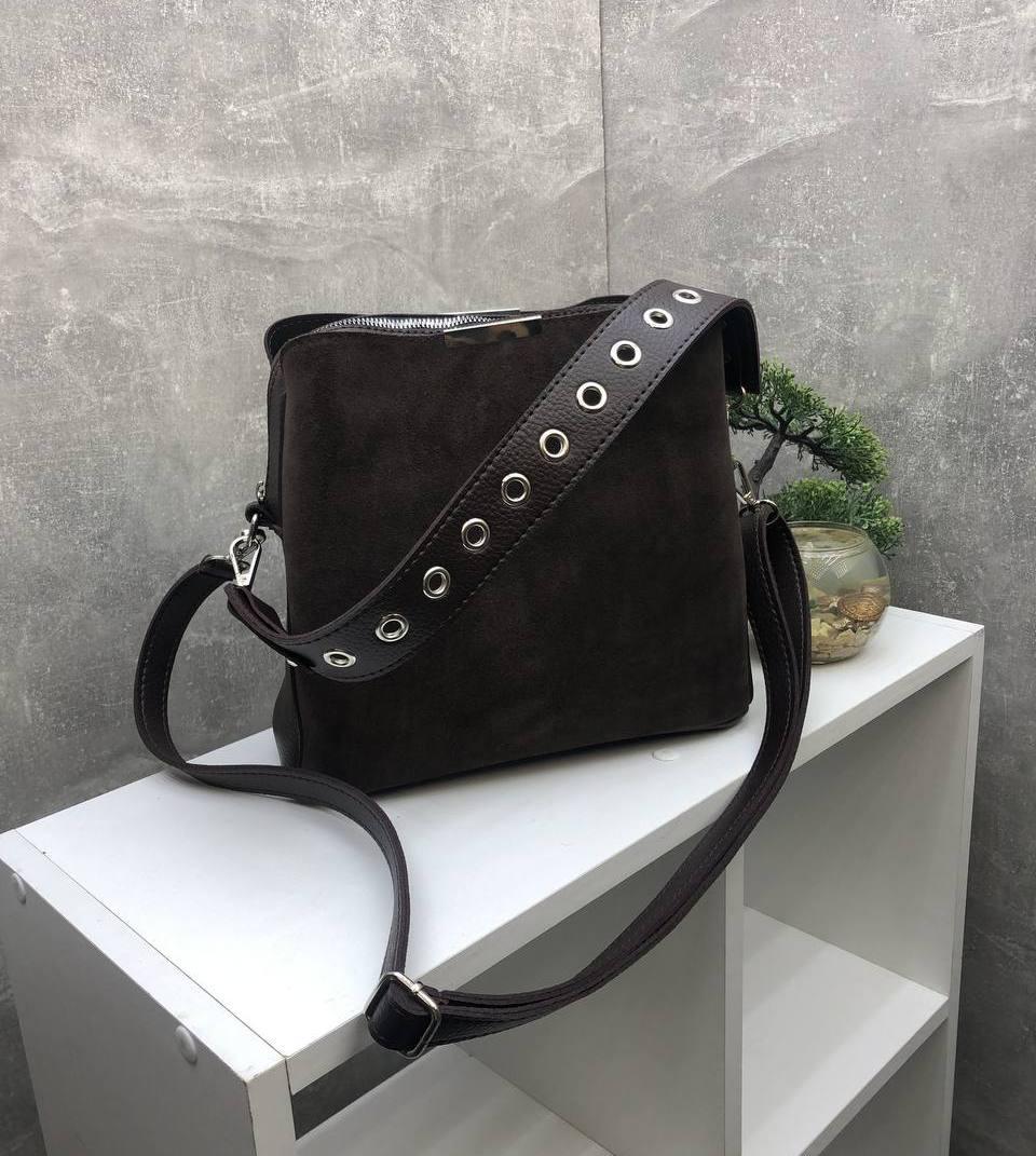 Жіноча сумка через плече стильна кроссбоді коричнева замша+шкірзам