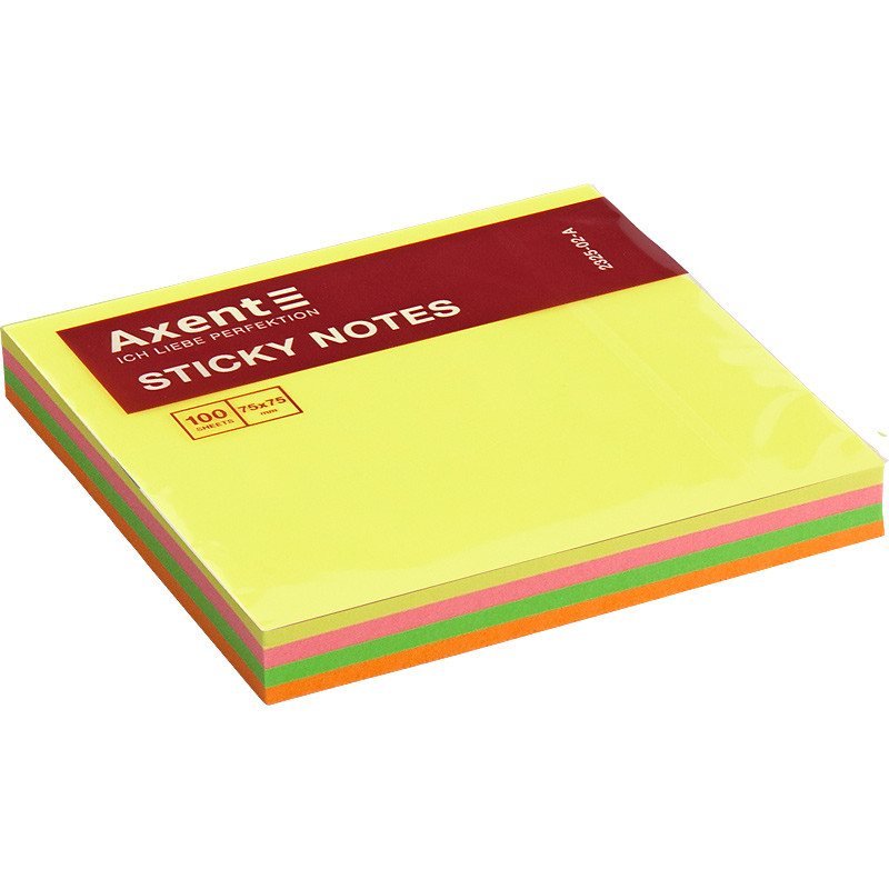Блок паперу з клейким шаром 75х75 мм 100 аркушів неонові кольори Axent 2325-02-A, 24152, фото 1