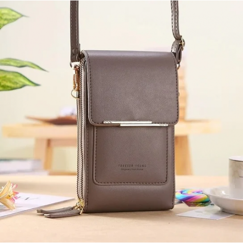 Сумка клатч жіноча міні сумочка з еко шкіри 19×11×6 см для телефону грошей ключів через плече з довгим ремінцем на блискавці сіра, фото 1