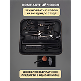 Набір 11 в 1 професійних перукарських ножиць + гребінці, затискачі, накидка, щітка в органайзері чорний, фото 4
