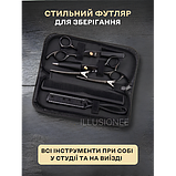 Набір 11 в 1 професійних перукарських ножиць + гребінці, затискачі, накидка, щітка в органайзері чорний, фото 7