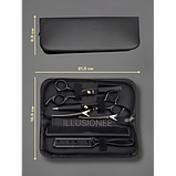 Набір 11 в 1 професійних перукарських ножиць + гребінці, затискачі, накидка, щітка в органайзері чорний, фото 10