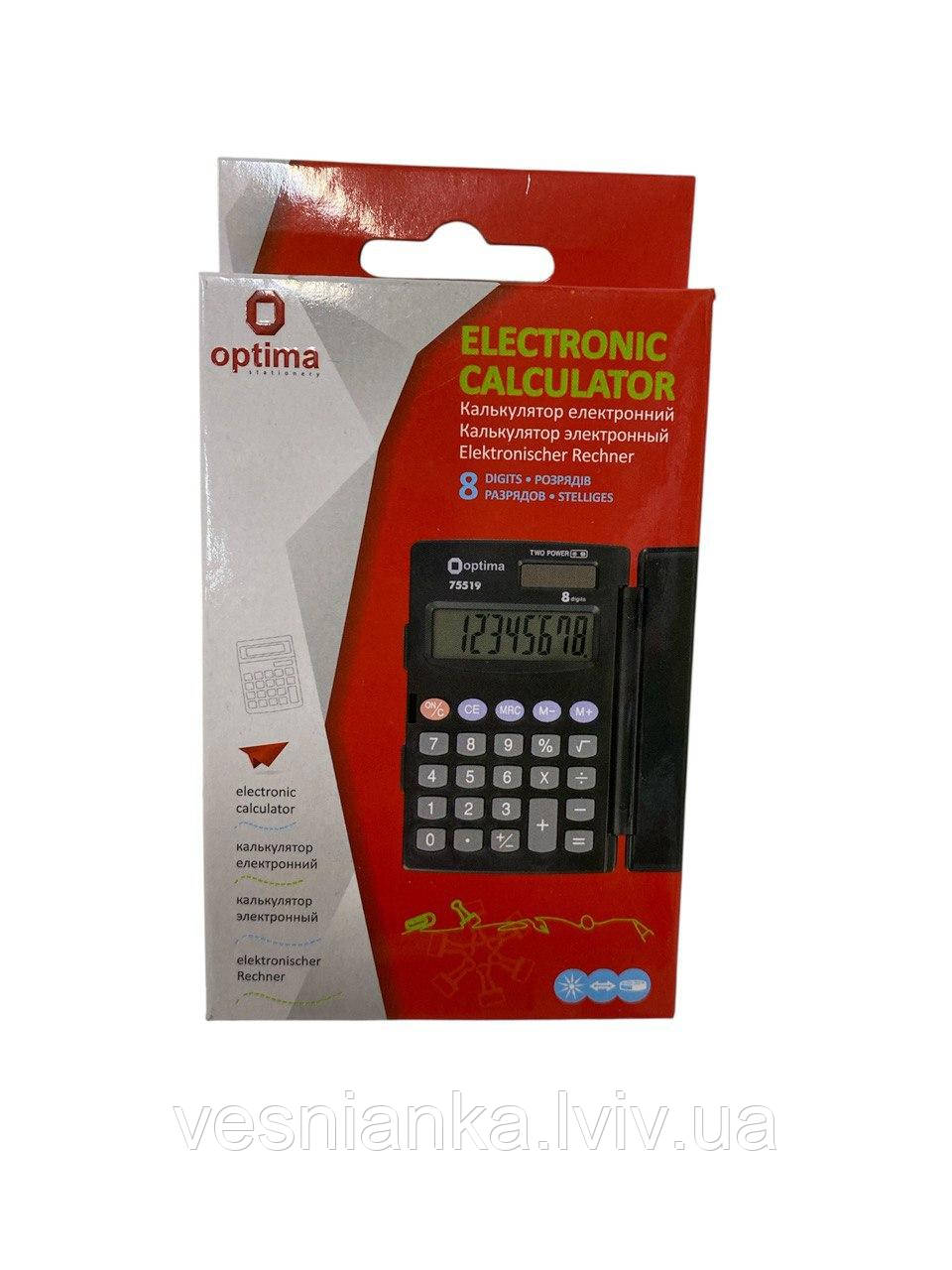 Калькулятор маленький кишеньковий, 8 розрядів 75519 Optima, фото 1