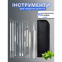 Набір інструментів 10 в 1 для чищення обличчя, видалення акне та вугрів