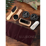 Дорожній набір із 7 предметів 3 щітки, 2 засоби для чищення, серветка та ріжок — для догляду за взуттям у футлярі, фото 7