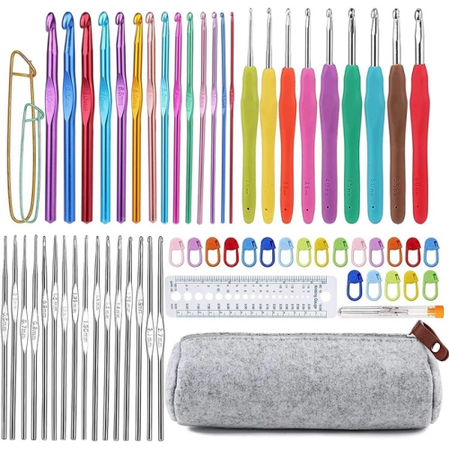 Набір із 72 предметів алюмінієвих і прогумованих гачків, голок, маркерів, тримачів та інструментів для в'язання, фото 1