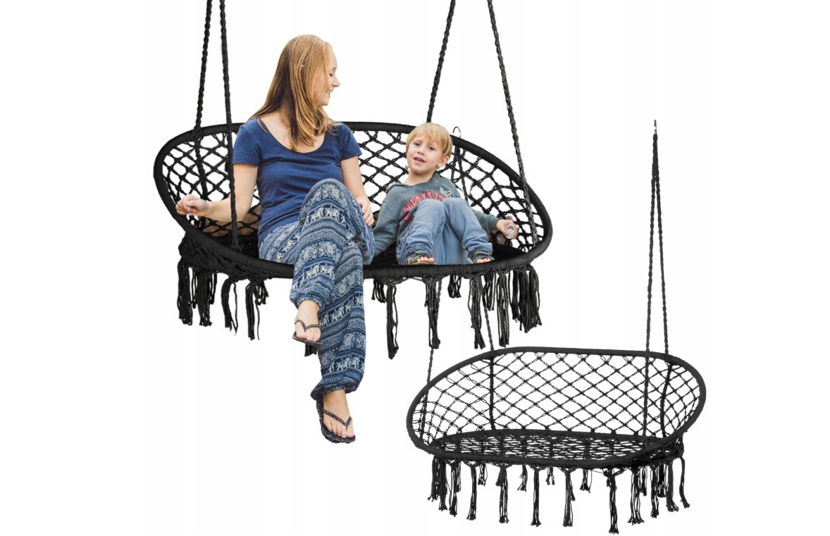 Підвісне плетене садове крісло-гойдалка Outtec BOHO для 2 людей гніздо чорне, фото 1