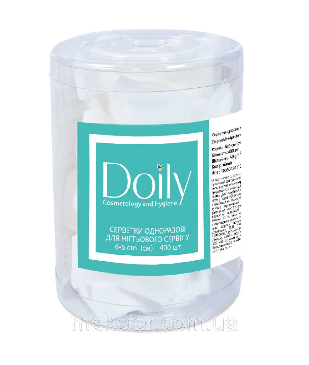 Серветки безворсові Doily, 6×6 см, білі, спанлейс, 400 шт/тубус.