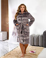 Жіночий теплий махровий домашній банний халат з капюшоном, на змійці і з поясом, батал великі розміри