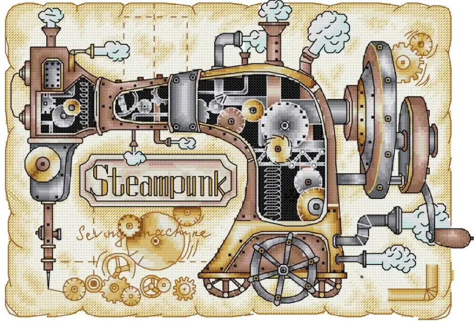 Набір для вишивання за нанесеною на канву схемою "Steam Sewing Machine".AIDA 14CT printed , 42*32 см, фото 1