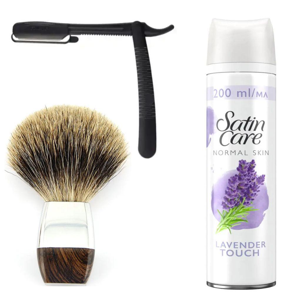 Одноразова небезпечна бритва Gillette Premium Platinum Blades + помазок борсук + гель для гоління Gillette Satin Care Gel Lavender, фото 1