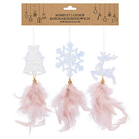 Ялинкові іграшки з пір'ям Chomik олень/дзвіночок/сніжинка 22см, новорічні прикраси на ялинку 3шт, шампань