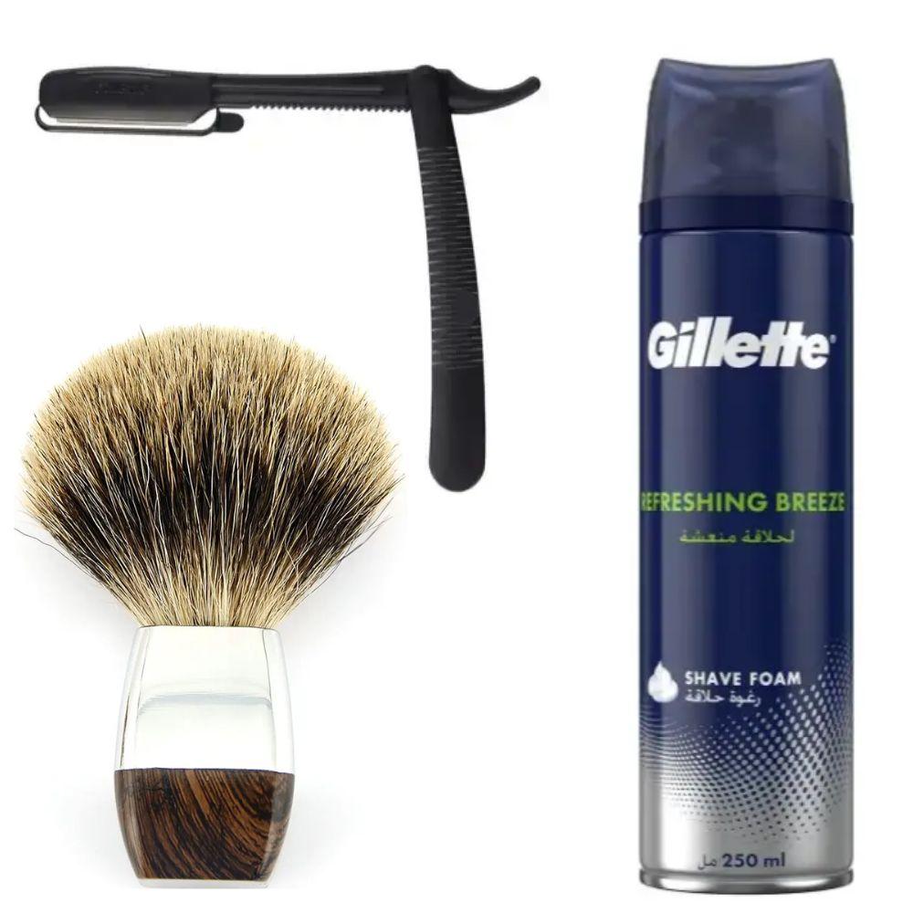 Одноразова небезпечна бритва Gillette Premium Platinum Blades + помазок борсук + піна для гоління Gillette Refreshing, фото 1
