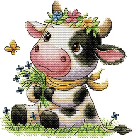 Набір для вишивання за нанесеною на канву схемою "Cute Little Cow". AIDA 14CT printed , 19*20 см, фото 1