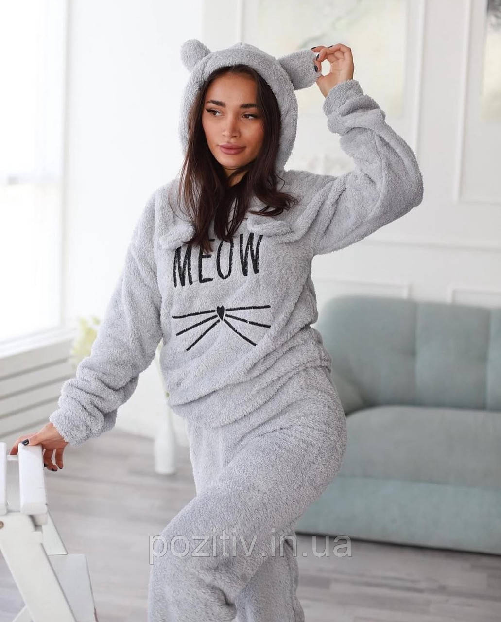 Піжама жіноча тепла махрова з вушками Meow м'яу Туреччина розмір S 100, фото 1