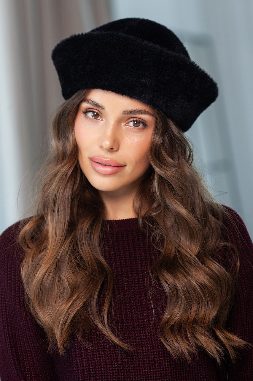 Шапка з екохутра альпака "Морячка", колір чорний, фото 1
