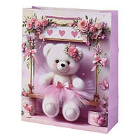 Подарунковий пакет для дівчинки з ручками Stenson Teddy 26х32х12см, принт ведмедик з трояндами Рожевий з білим (R98406-M)