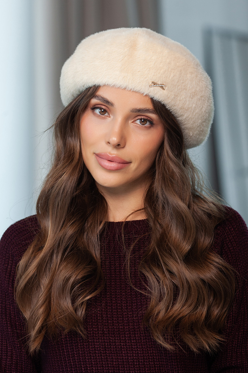 Берет з екохутра Альпака, колір бежевий, фото 1