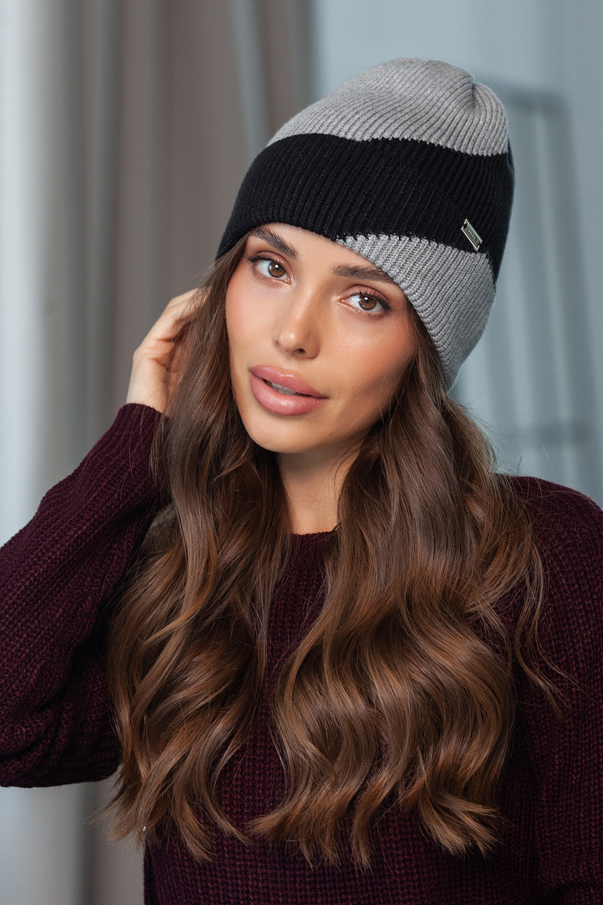 В'язана шапка "Джина", колір чорний-сірий, фото 1