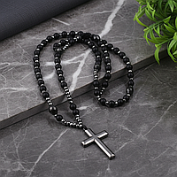 Чітки для чоловіків з натурального каменю чорні, чітки-підвіска для жінок з хрестиком 70 см
