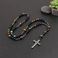 Чітки-хрест з натуральних каменів для чоловіків 60 см, чітки для жінок з бірюзи тигрового ока