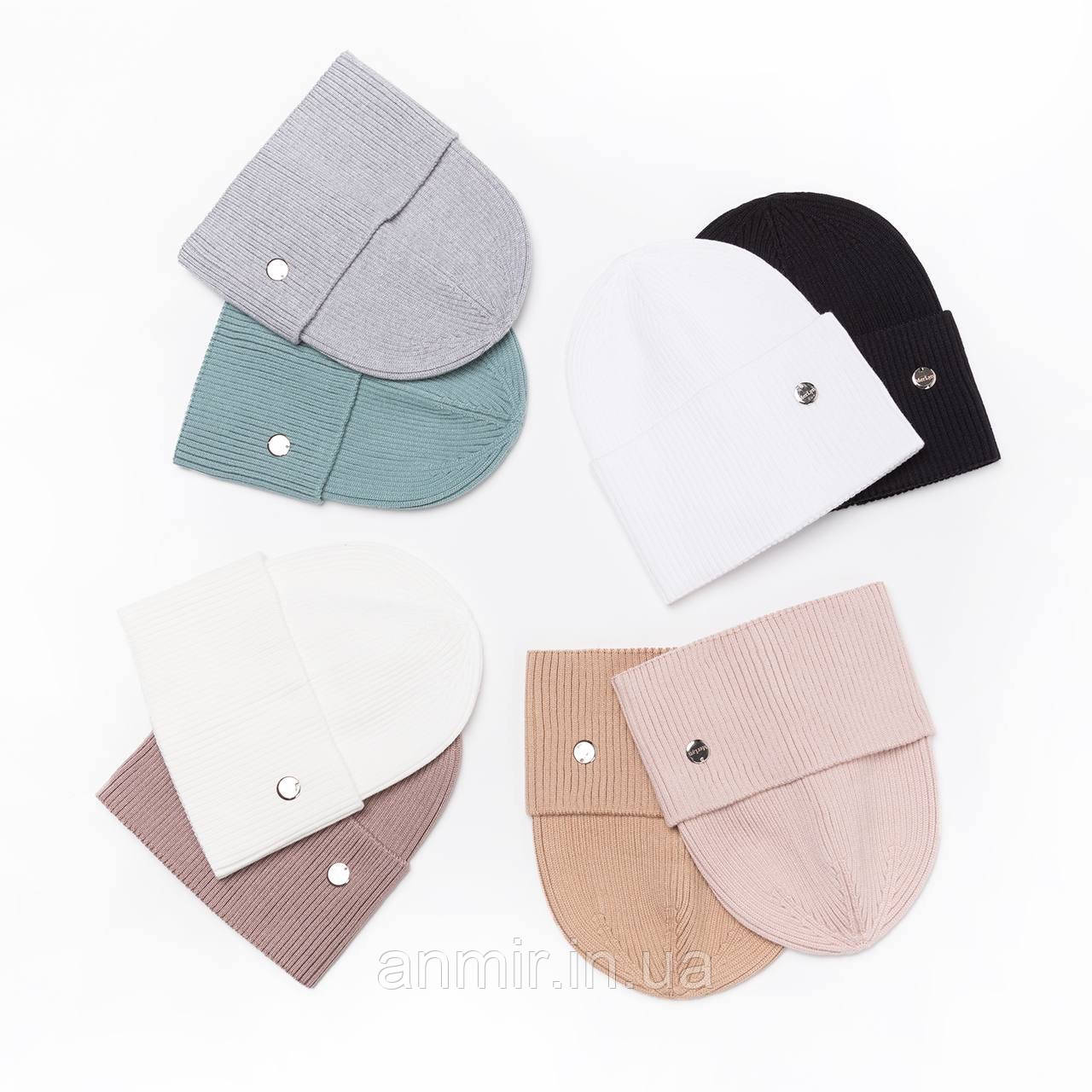 Шапка підліткова в'язка з закотом для дівчинки 54-56 років, кольору міксом