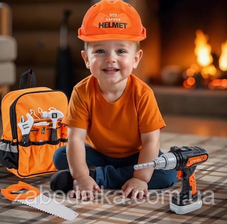 Дитячий набір інструментів рюкзачок із каскою шурупокрут 28 предмет на бат 778-40, фото 1