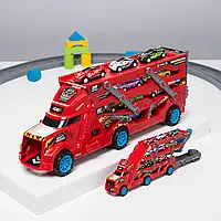 Набір дитячий ігровий машинок з фурою пластикова червона, іграшковий набір машинок з пусковим механізмом
