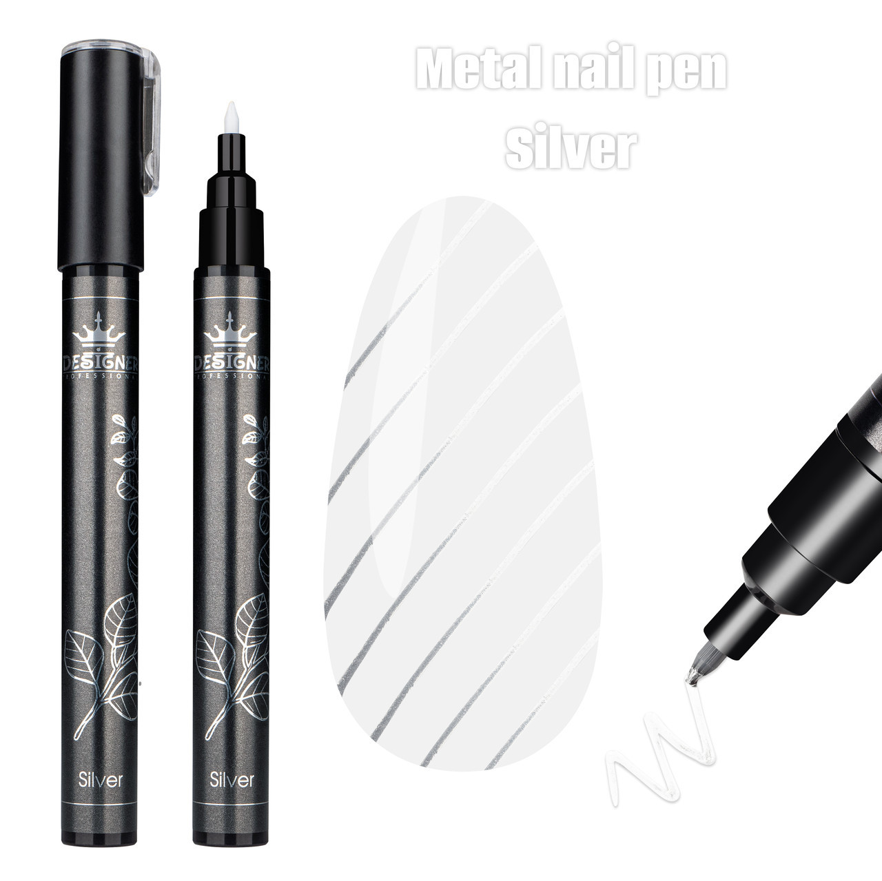 Дзеркальна ручка-маркер Silver Chrom metal nail pen Дизайнер для малювання на нігтях і створення нейл-арту (1 мм)., фото 1