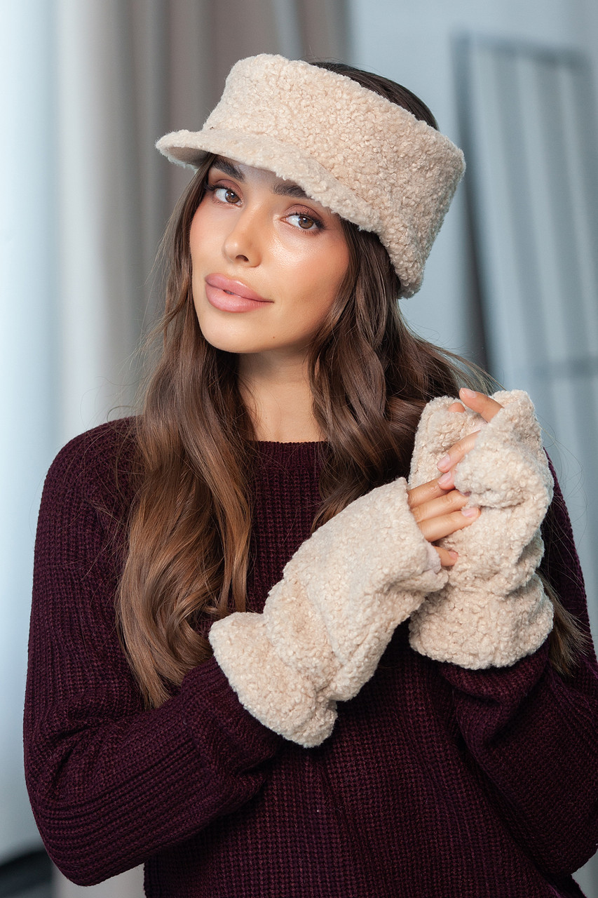 Комплект: пов'язка з козирком і мітенки з екохутра "Тедді" Люкс, колір бежевий