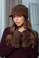 Комплект: пов'язка з козирком і мітенки з екохутра "Тедді" Люкс, колір шоколадний