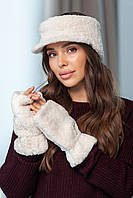 Комплект: пов'язка з козирком і мітенки з екохутра "Тедді" Люкс, колір молочний