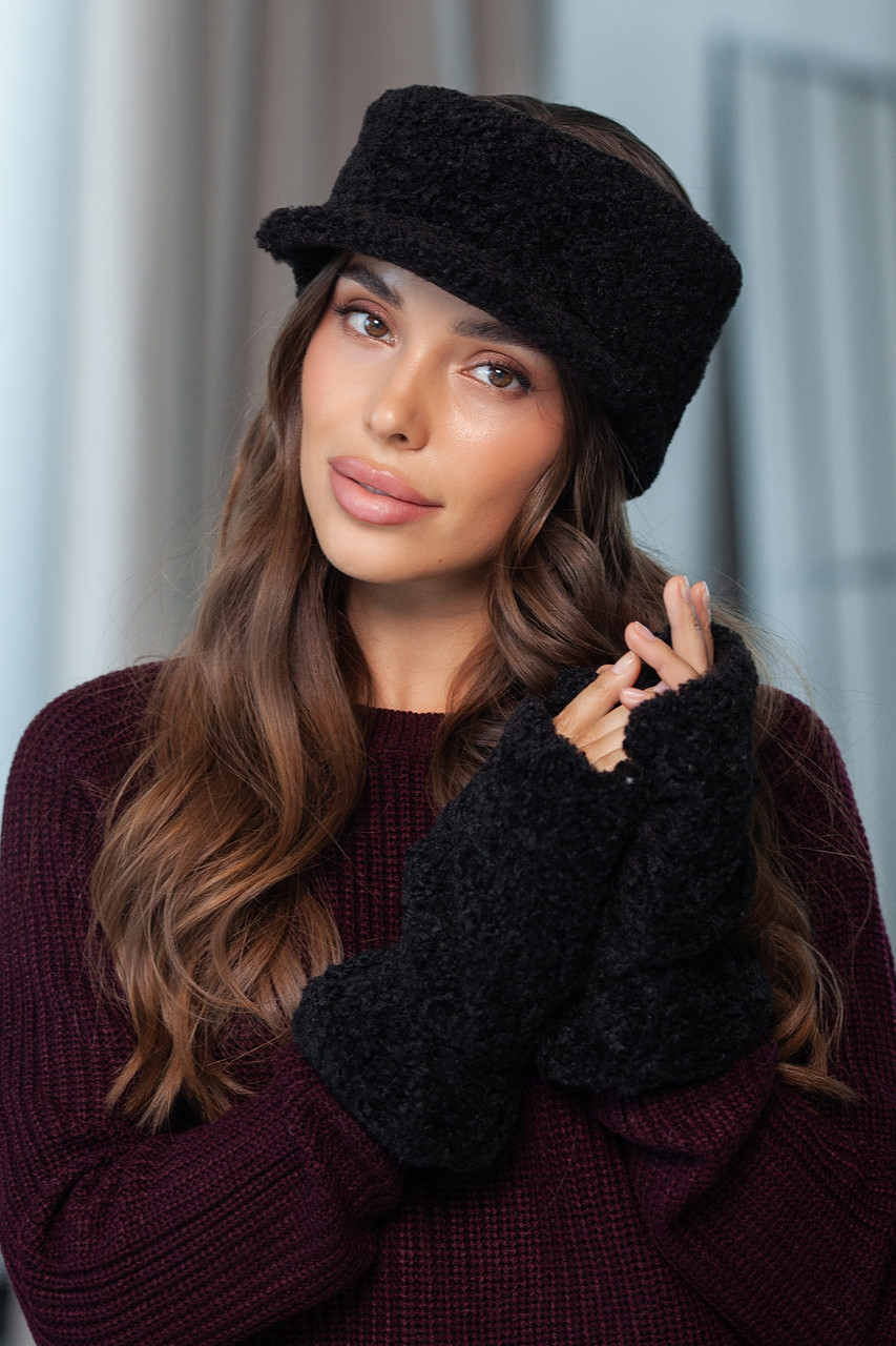 Комплект: пов'язка з козирком і мітенки з екохутра "Тедді" Люкс, колір чорний